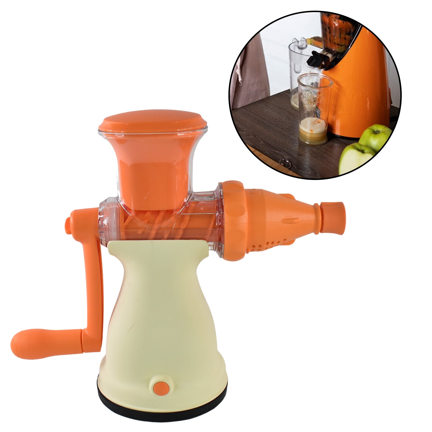 Superior eMart manual fruit juicer for home with orange and cream body and hand crank for easy juice extraction