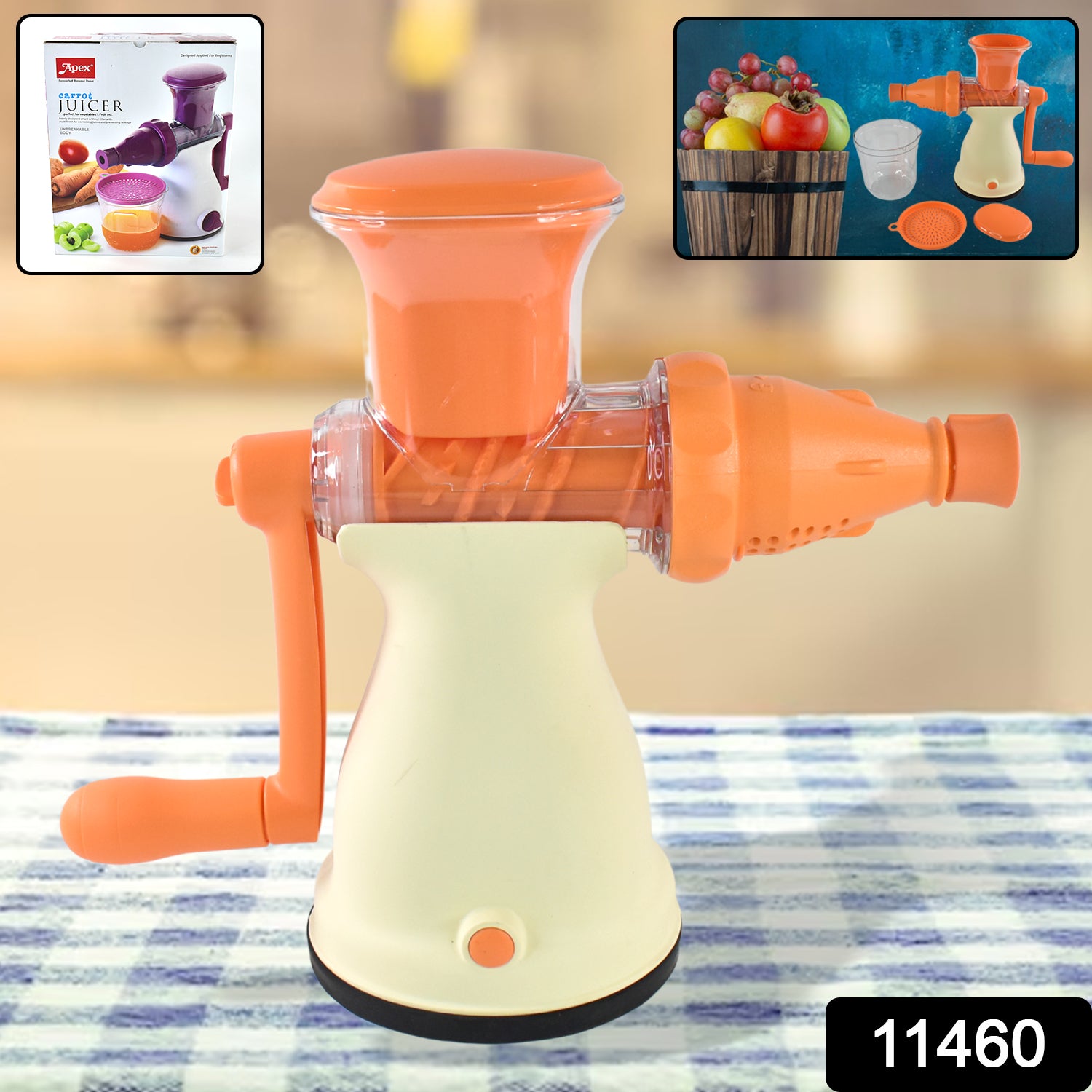Superior eMart manual fruit juicer for home with orange and white design on kitchen table