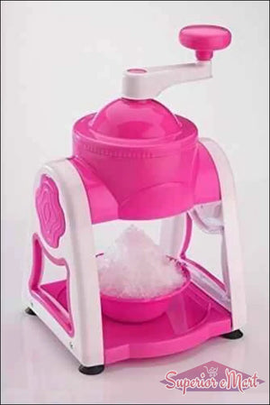 Manual gola maker machine in pink and white design for making shaved ice treats at home.
