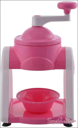 Pink manual gola maker machine with a top crank and bowl for shaved ice treats at home