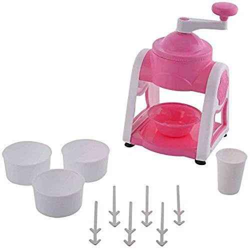 Manual gola maker machine in pink with three bowls and six skewers for homemade ice treats