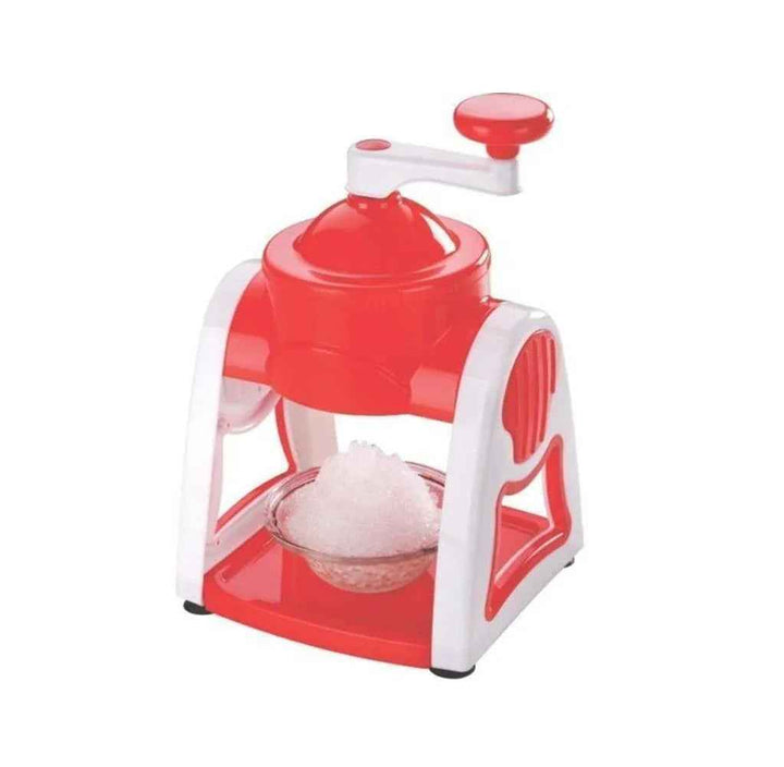 Manual gola maker machine in red and white for creating refreshing ice desserts at home