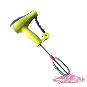 Manual hand blender with stainless steel blades for easy mixing and blending in the kitchen