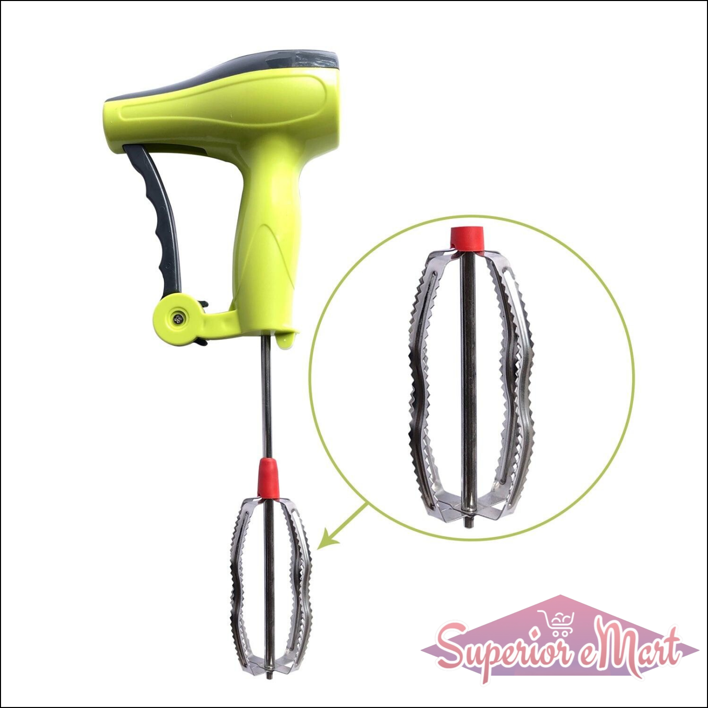 Manual hand blender with stainless steel blades for efficient mixing in the kitchen