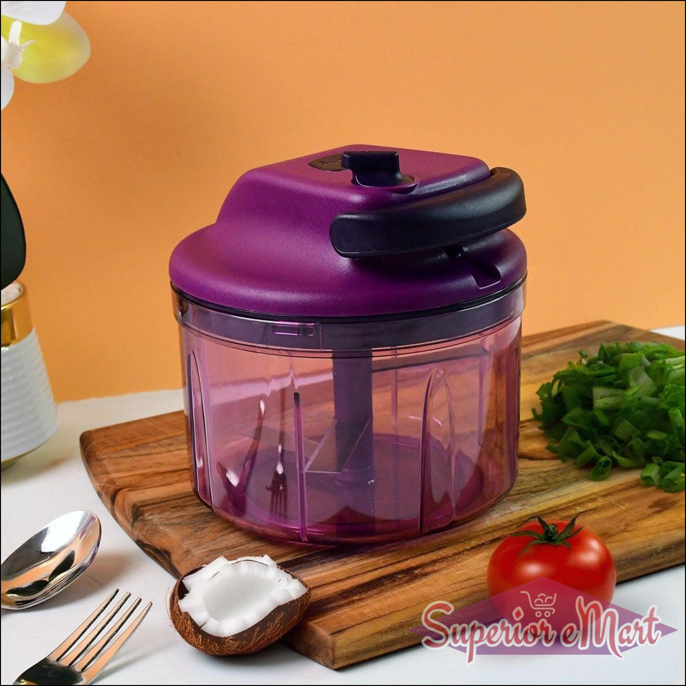 Manual vegetable chopper in purple with easy grip handle for chopping veggies quickly and efficiently