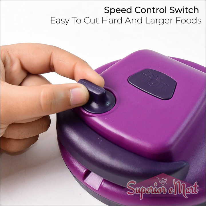 Manual vegetable chopper featuring a speed control switch for easy cutting of hard and larger foods