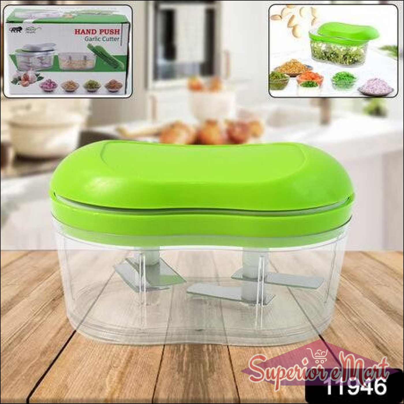Manual garlic chopper in green with clear container for easy food preparation in the kitchen