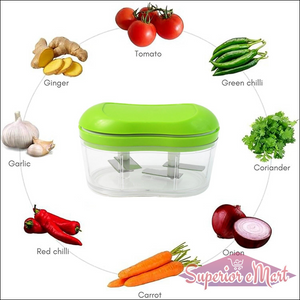 Manual garlic chopper with a green lid, perfect for chopping vegetables like onion, ginger, and chili
