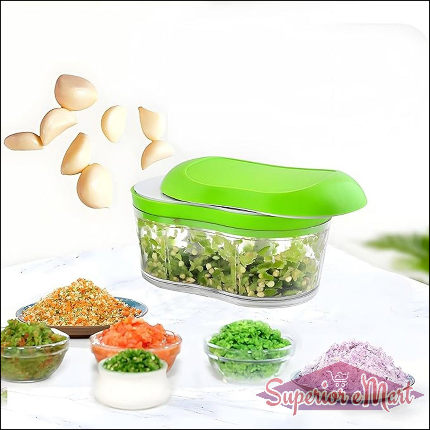 Manual garlic chopper with green lid and clear container, ideal for chopping garlic and herbs quickly