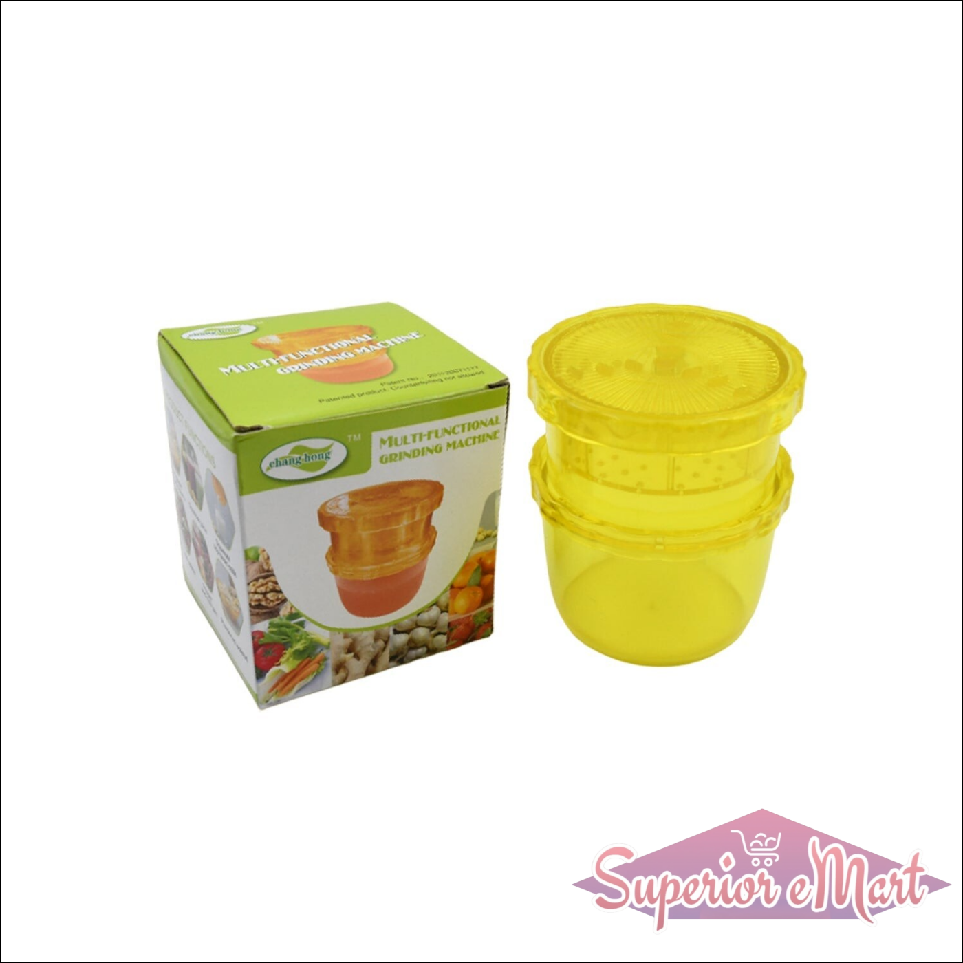 Manual citrus juicer and grinder in yellow with stacking design for easy storage