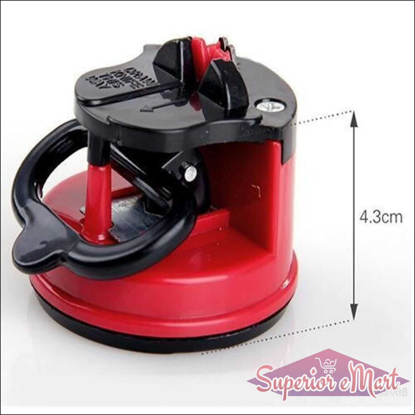 Manual kitchen knife sharpener in red and black, designed for effective sharpening with a compact design
