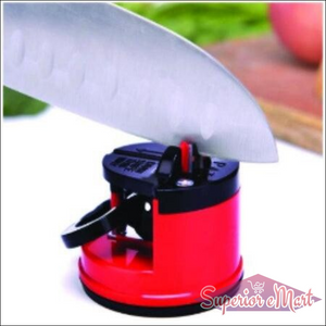 Manual kitchen knife sharpener in red for easy and effective blade sharpening at home
