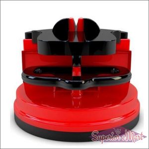 Manual kitchen knife sharpener in red and black for easy and efficient blade sharpening