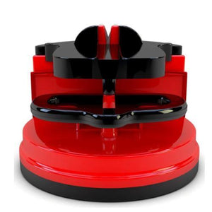 Manual kitchen knife sharpener in red and black for easy and efficient blade sharpening