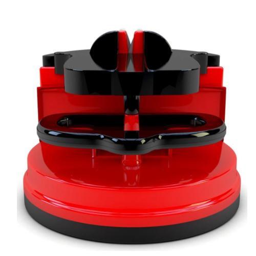 Manual kitchen knife sharpener in red and black for easy and efficient blade sharpening