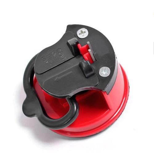 Manual kitchen knife sharpener in red and black with easy grip handle for sharpening knives