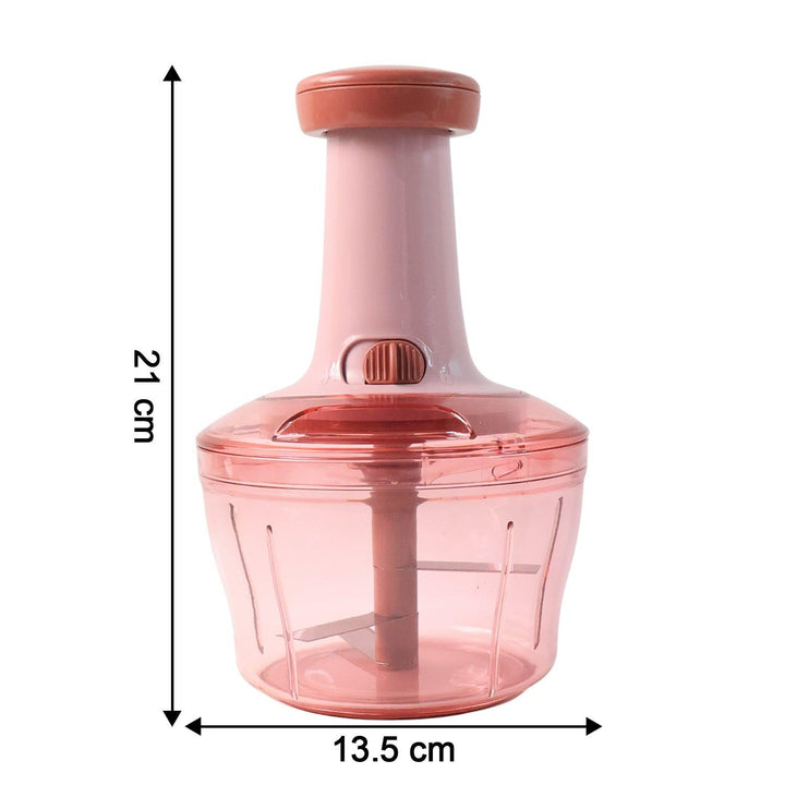 Superior eMart manual vegetable chopper showing a pink design with measurement details for easy use