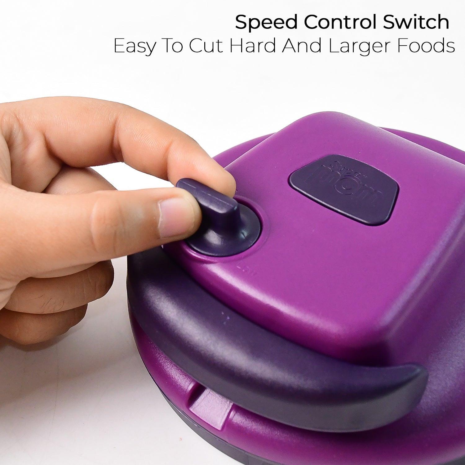 Manual vegetable chopper featuring a speed control switch for easy cutting of hard and larger foods