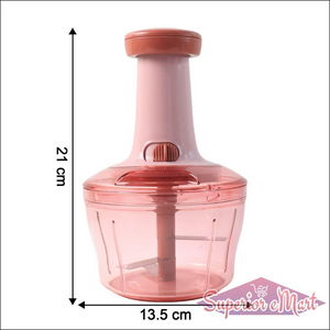 Superior eMart manual vegetable chopper showing a pink design with measurement details for easy use