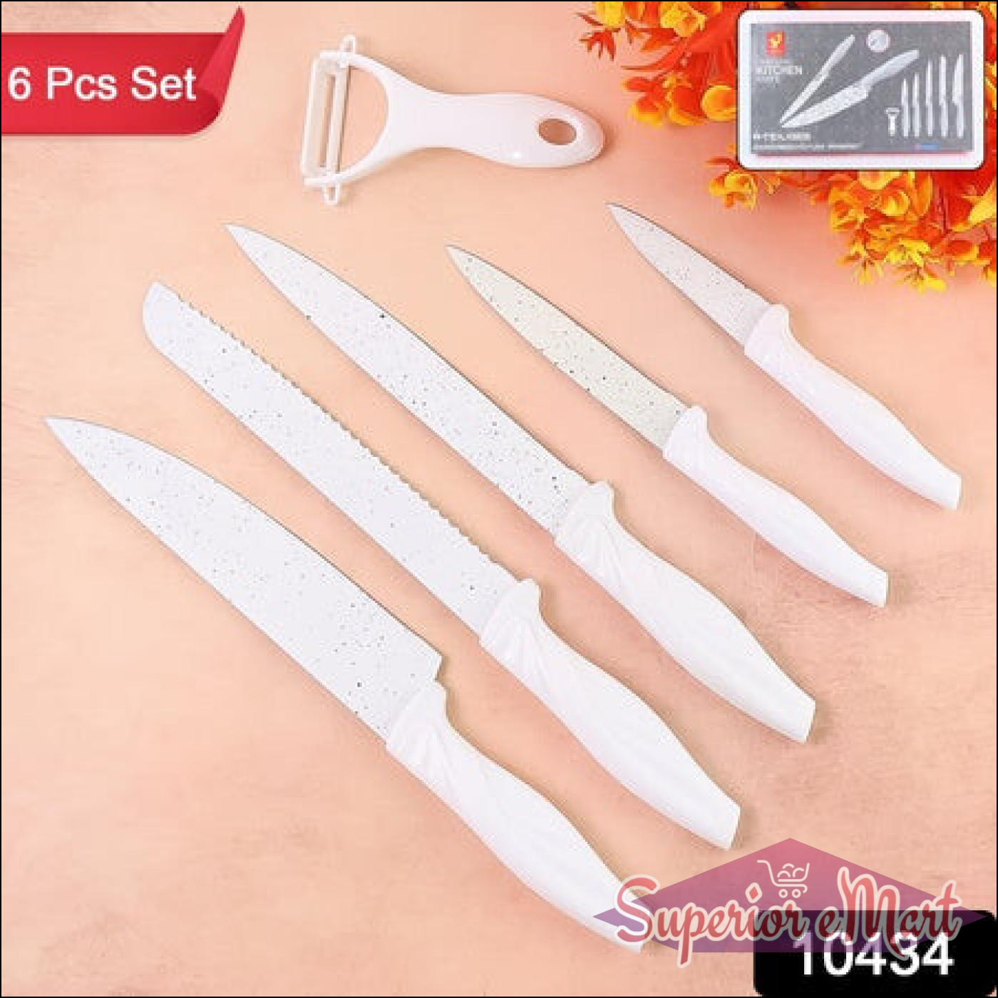 Marble coated kitchen knife set with five sharp knives and a peeler for versatile food preparation