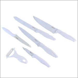 Marble coated kitchen knife set from Superior eMart with ergonomic handles and various blade sizes