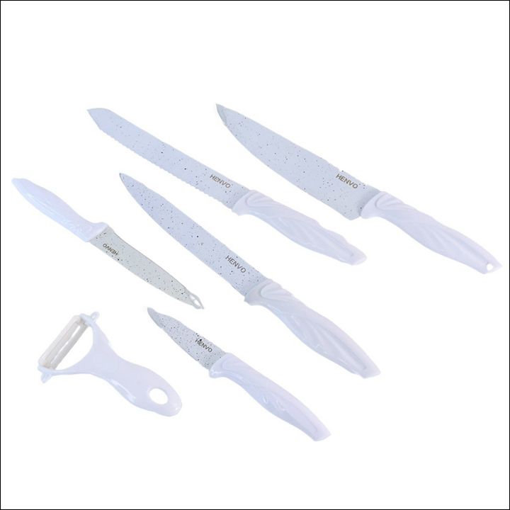 Marble coated kitchen knife set from Superior eMart with ergonomic handles and various blade sizes