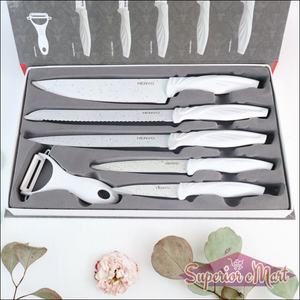 Marble coated kitchen knife set with ergonomic handles and a vegetable peeler in sleek storage box