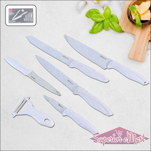 Marble coated kitchen knife set including assorted knives and peeler for efficient food preparation