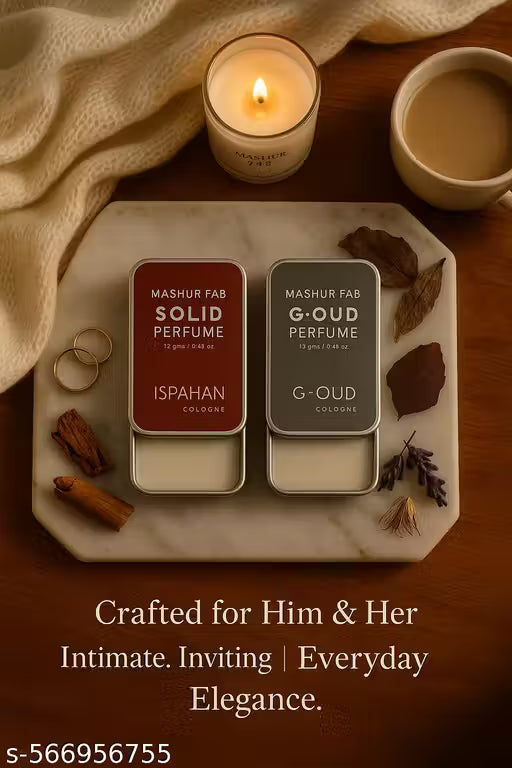 Mashur Fab alcohol-free solid perfume combo in Ispahan and G-Oud for everyday elegance