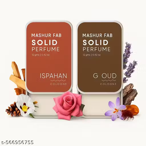 Alcohol-free solid perfume combo featuring Ispahan and Oud scents in elegant tins