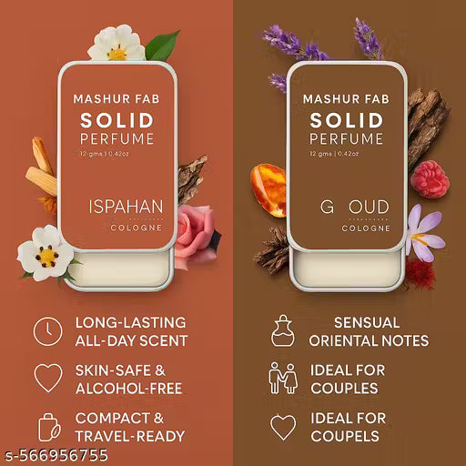 Alcohol-free solid perfume combo featuring Ispahan and Oud scents, ideal for couples and travel-friendly