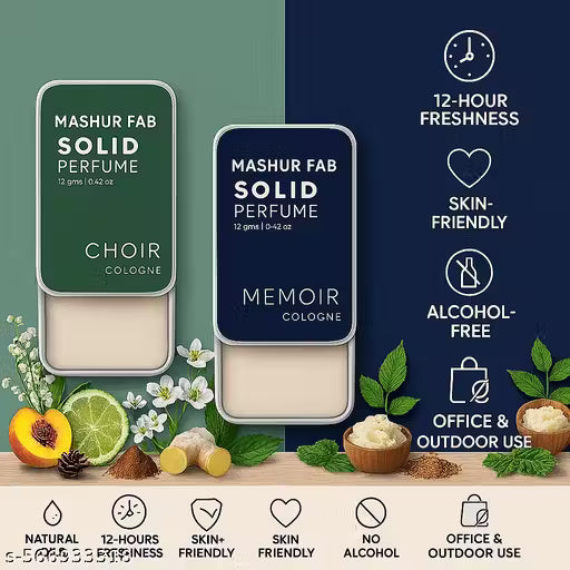 Mashur Fab Solid Perfume for Men in Choir and Memoir scents, skin-friendly and alcohol-free for outdoor use