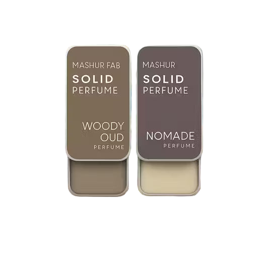 Two tins of Superior eMart Woody Oud solid perfume and Nomade perfume for fragrance lovers