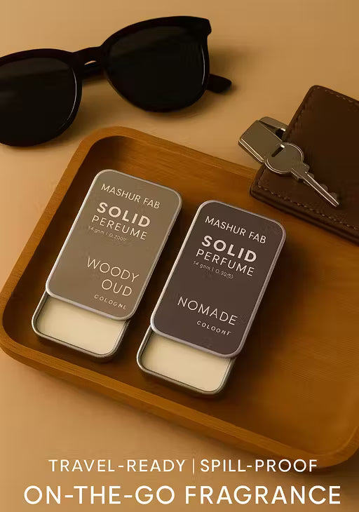 Woody oud solid perfume in travel-ready tin with spill-proof design for on-the-go fragrance