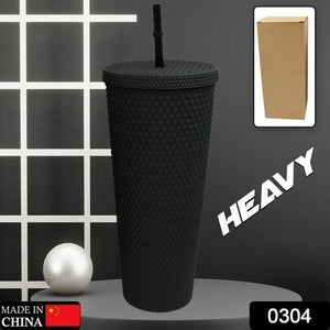 Matte studded tumbler with straw in black designed for hot and cold beverages