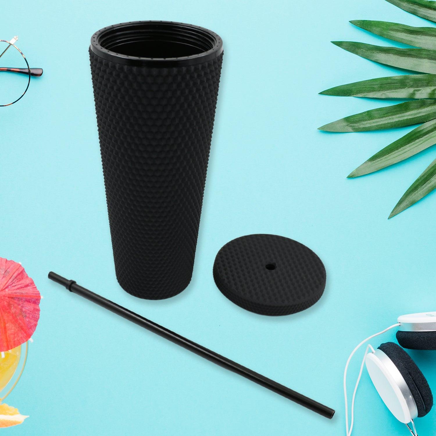 Matte studded tumbler with straw in black, perfect for stylish hydration on the go