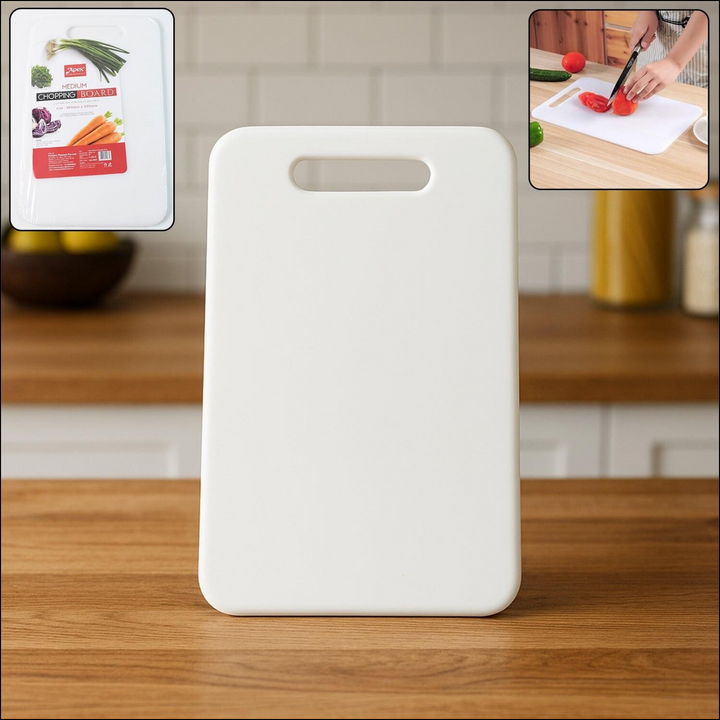 White medium chopping board with easy-grip handle for food preparation in the kitchen