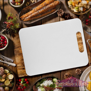 White medium chopping board on a rustic table surrounded by various dishes and garnishes
