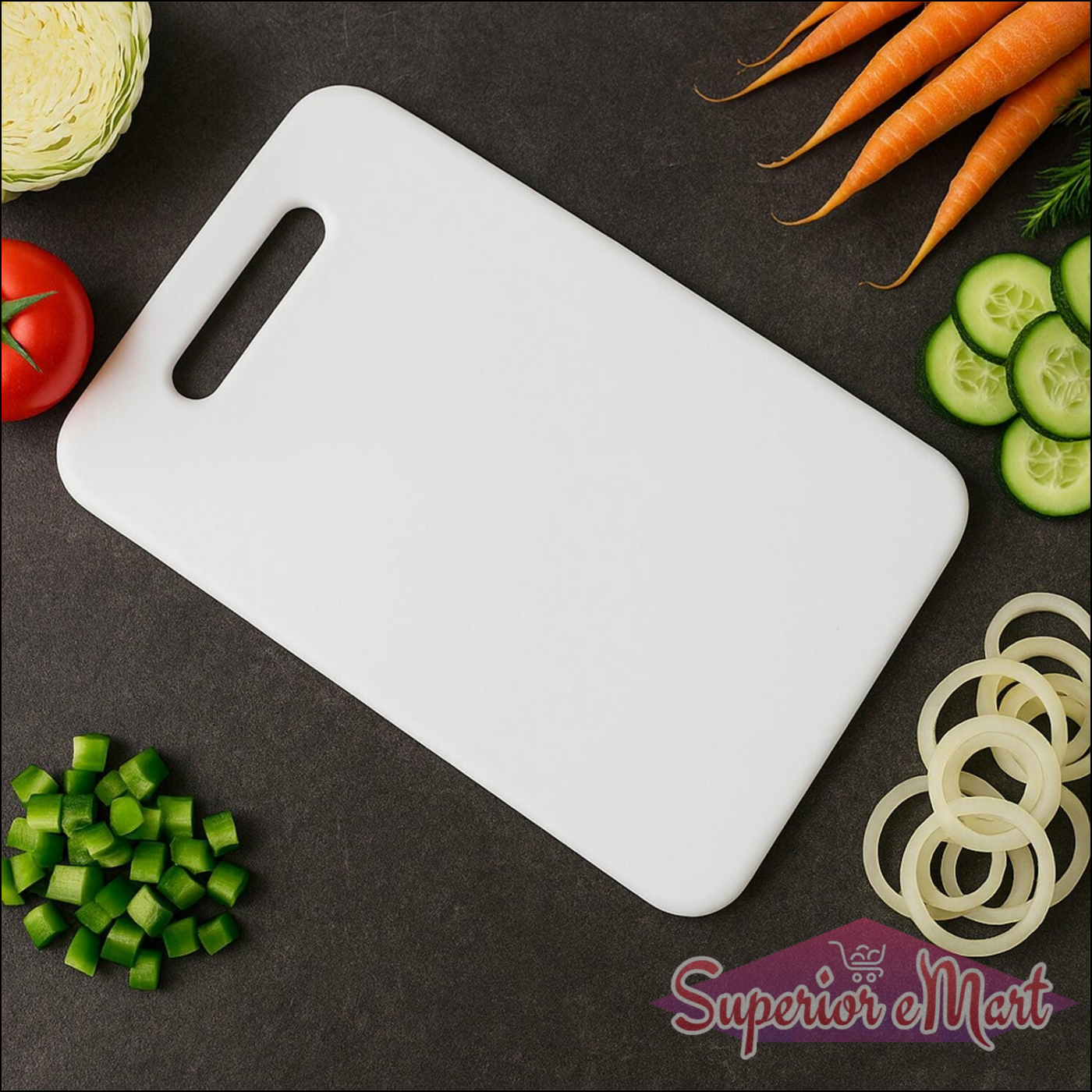 Superior eMart medium chopping board on a dark surface with fresh vegetables for meal prep