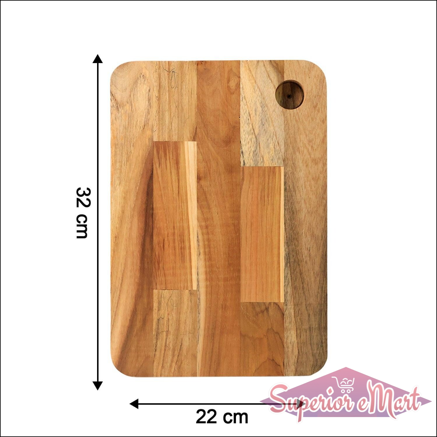 Medium cutting board with wooden handle, measuring 32 cm by 22 cm, ideal for food preparation in the kitchen