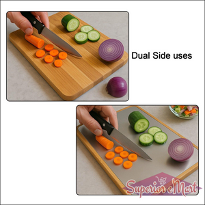 Medium cutting board with wooden handle, showcasing dual side uses for slicing vegetables