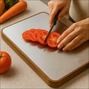 Medium cutting board with wooden handle, perfect for slicing vegetables and fruits with ease