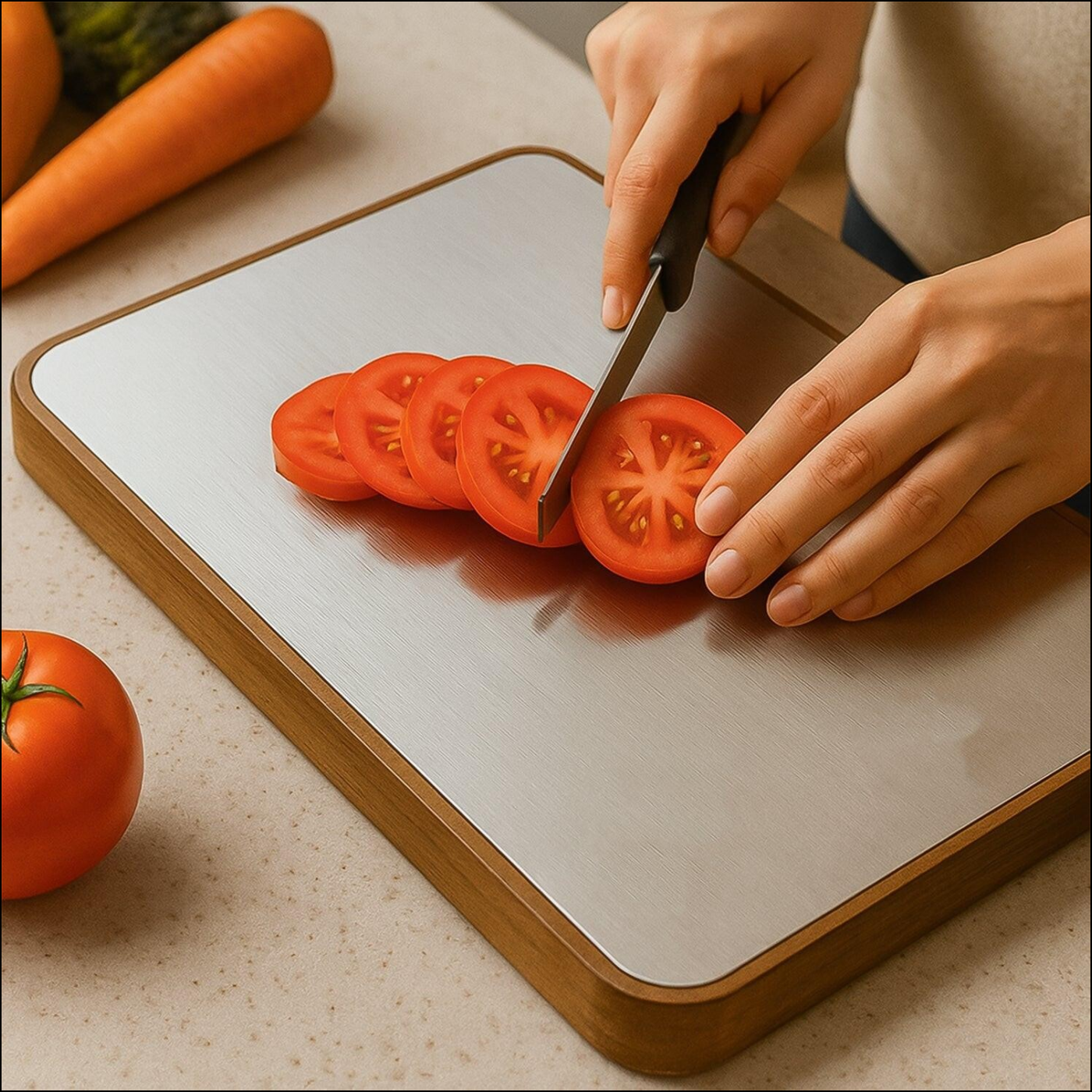Medium cutting board with wooden handle, perfect for slicing vegetables and fruits with ease