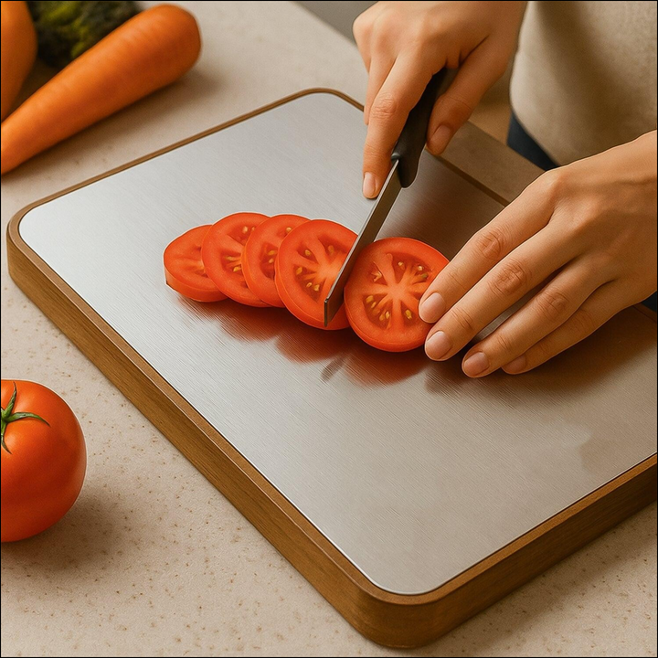 Medium cutting board with wooden handle, perfect for slicing vegetables and fruits with ease