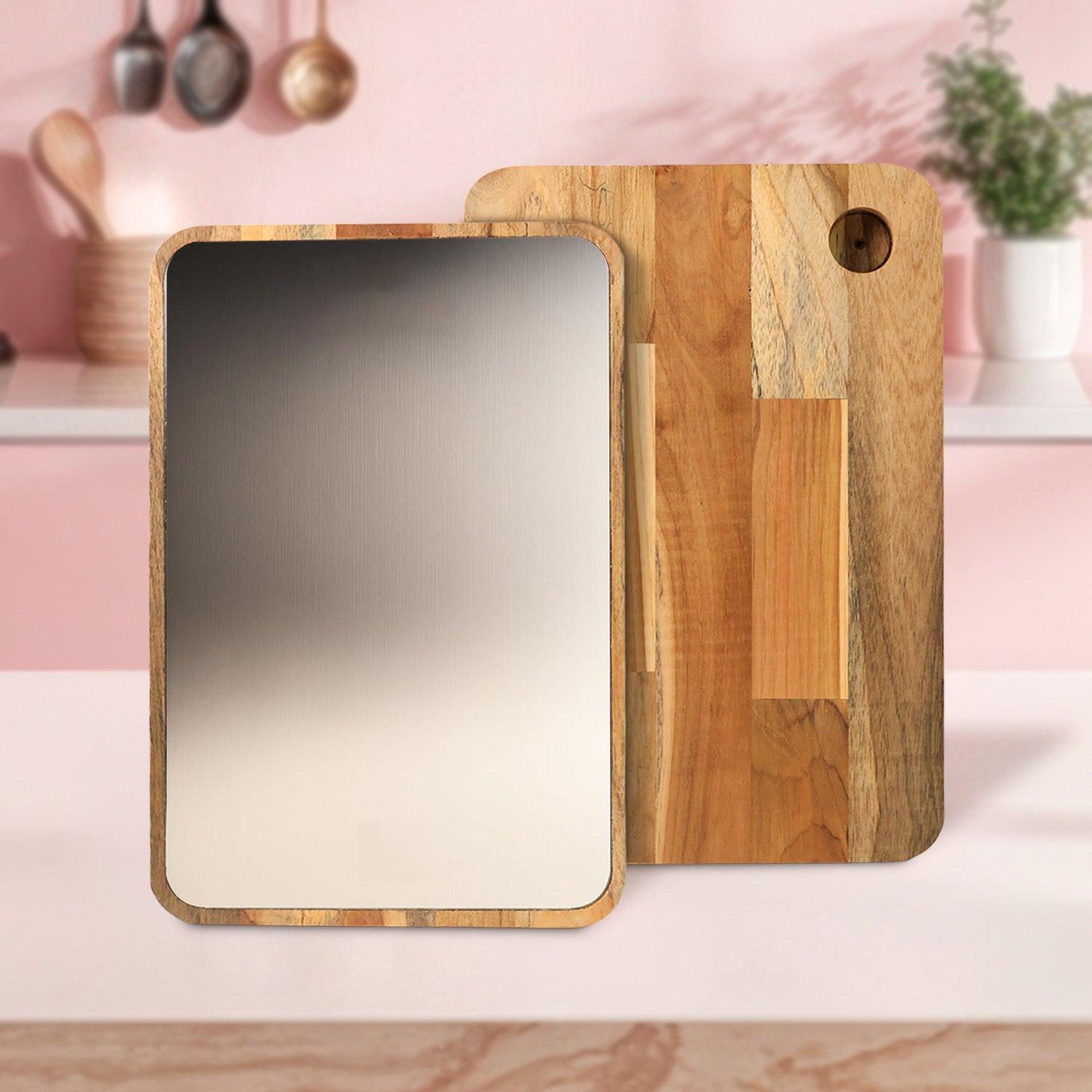 Medium cutting board with wooden handle for versatile food preparation and kitchen use