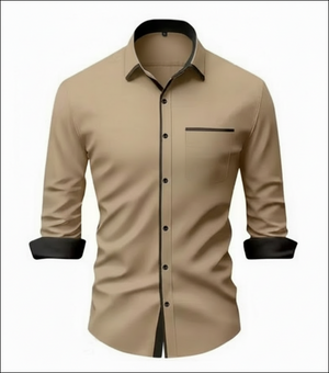 Beige shirt with black accents on a white background