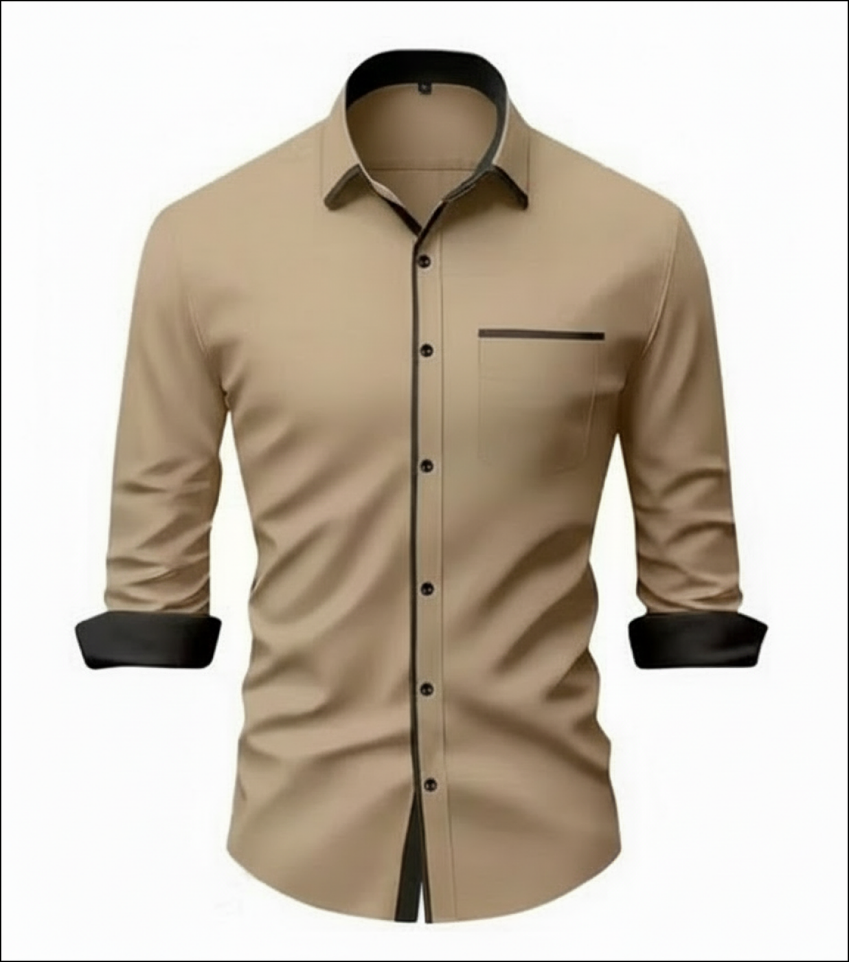 Beige shirt with black accents on a white background