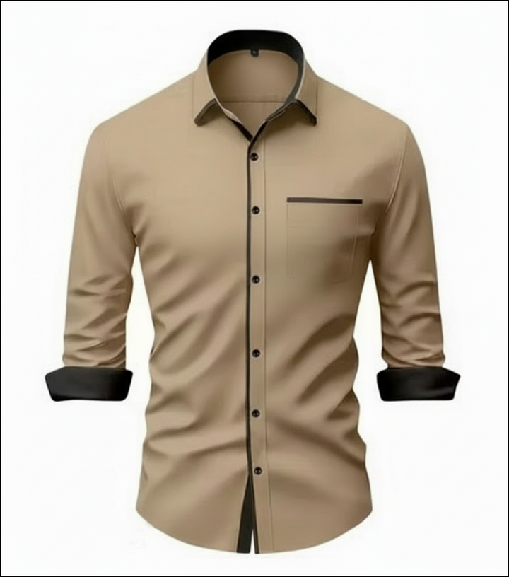 Beige shirt with black accents on a white background
