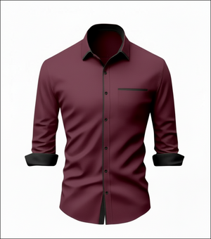 Burgundy long-sleeve dress shirt with black contrast collar, cuffs, button placket, and chest pocket trim.