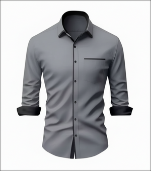 Gray long-sleeve button-down with black trim on collar, pocket, and placket. Features black rolled-up cuffs.